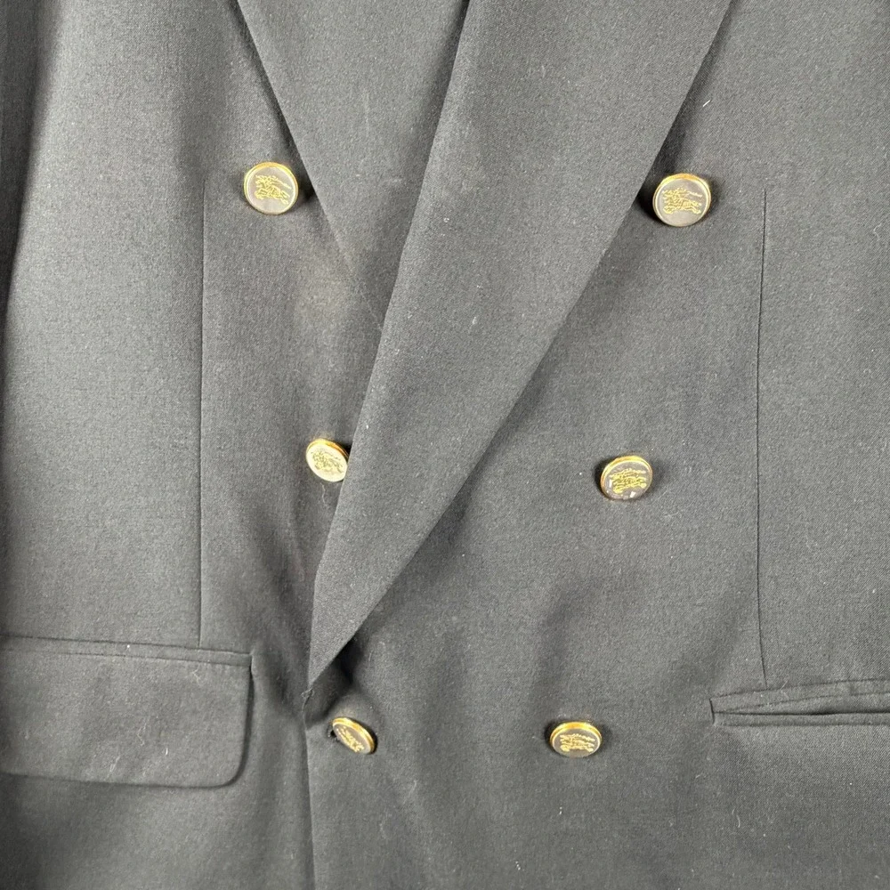 Vintage BURBERRYS Mens 44-46L Wool BLAZER Double Breasted NAVY BLUE Gold Buttons
